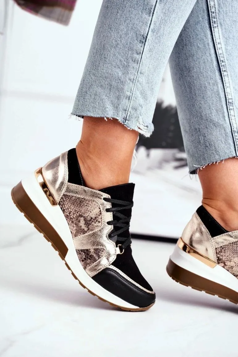 Skórzane Sneakersy Na Koturnie Złote Nicole 2465