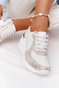 Skórzane Sneakersy Na Koturnie S.Barski Biało-Złote