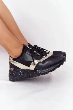 Skórzane Sneakersy Na Koturnie S.Barski Czarno-Złote