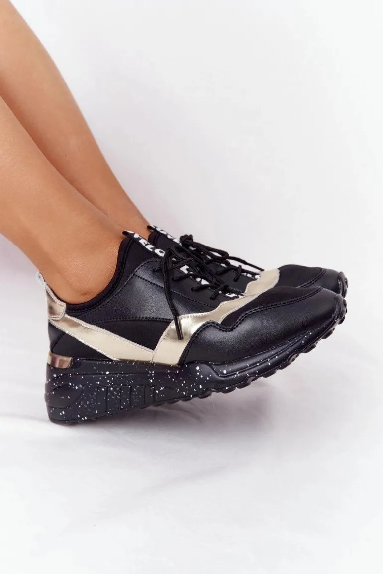 Skórzane Sneakersy Na Koturnie S.Barski Czarno-Złote