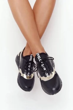 Skórzane Sneakersy Na Koturnie S.Barski Czarno-Złote