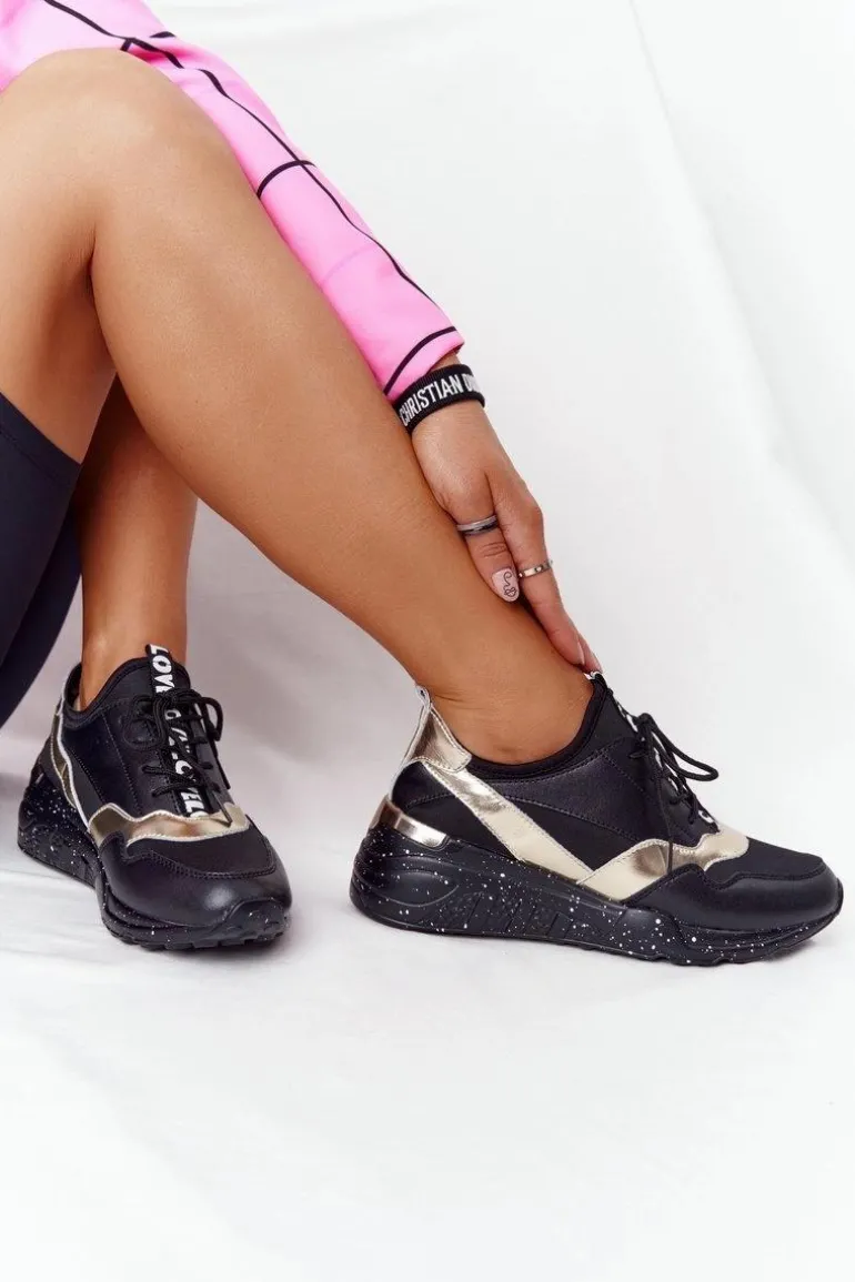 Skórzane Sneakersy Na Koturnie S.Barski Czarno-Złote