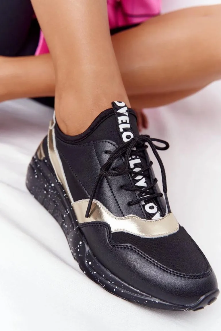 Skórzane Sneakersy Na Koturnie S.Barski Czarno-Złote