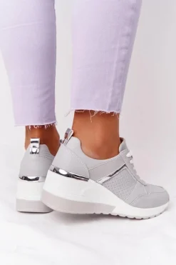 Skórzane Sneakersy Na Koturnie S.Barski Szare