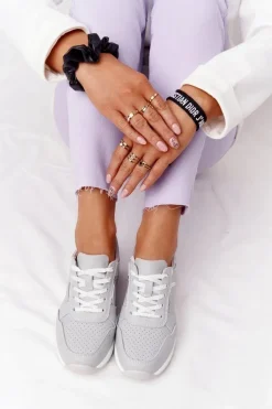 Skórzane Sneakersy Na Koturnie S.Barski Szare