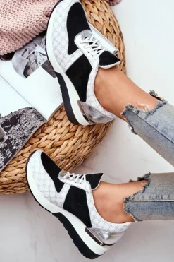 Skórzane Sneakersy Na Koturnie Biało-Czarne Nicole 2468