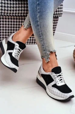 Skórzane Sneakersy Na Koturnie Biało-Czarne Nicole 2468