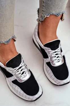 Skórzane Sneakersy Na Koturnie Biało-Czarne Nicole 2468