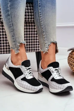 Skórzane Sneakersy Na Koturnie Biało-Czarne Nicole 2468