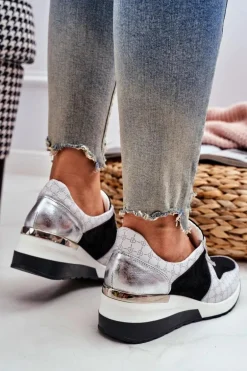 Skórzane Sneakersy Na Koturnie Biało-Czarne Nicole 2468
