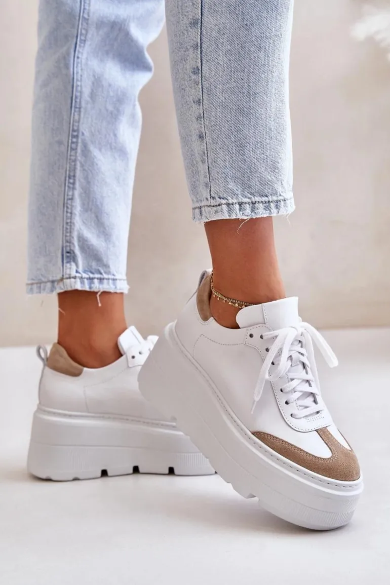Skórzane Sneakersy Na Masywnej Platformie Lewski 3635/X Biało-Beżowe