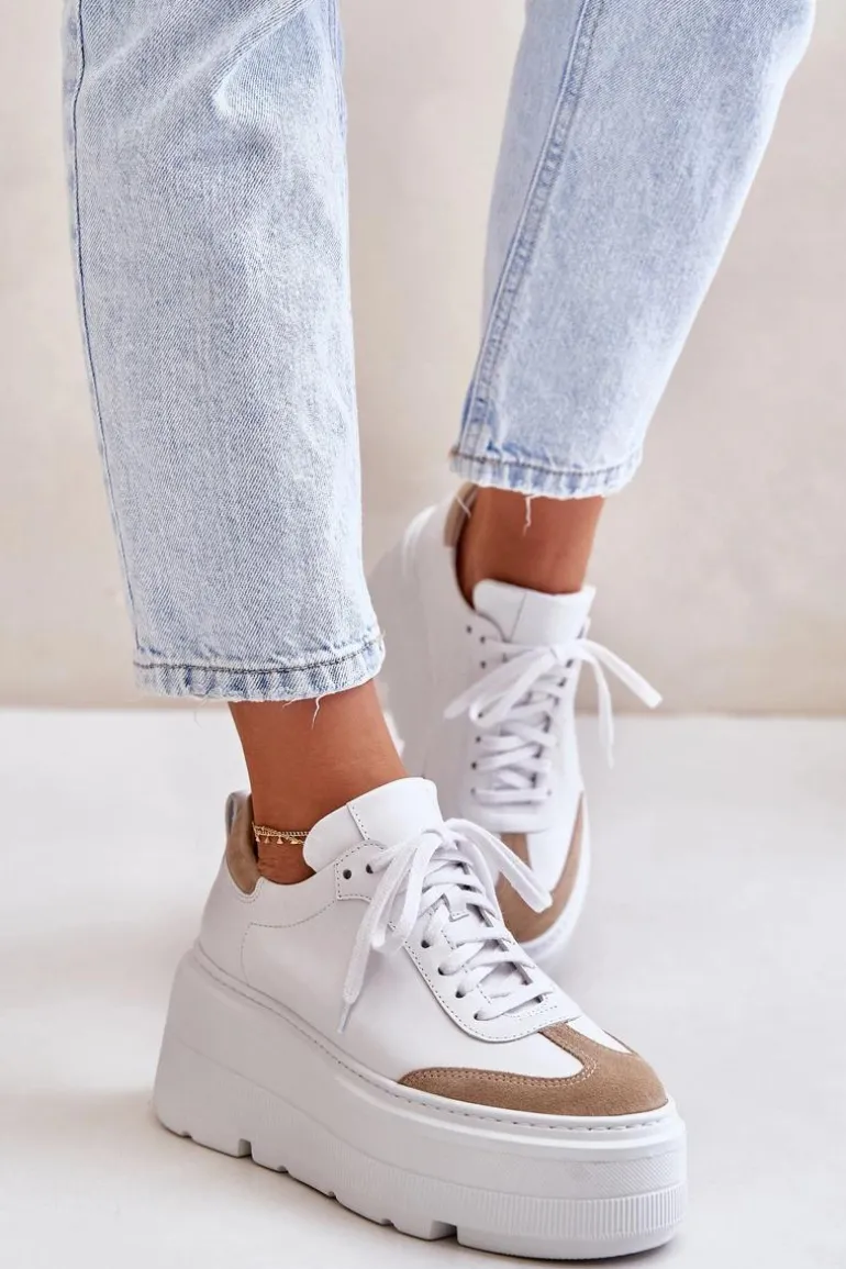 Skórzane Sneakersy Na Masywnej Platformie Lewski 3635/X Biało-Beżowe