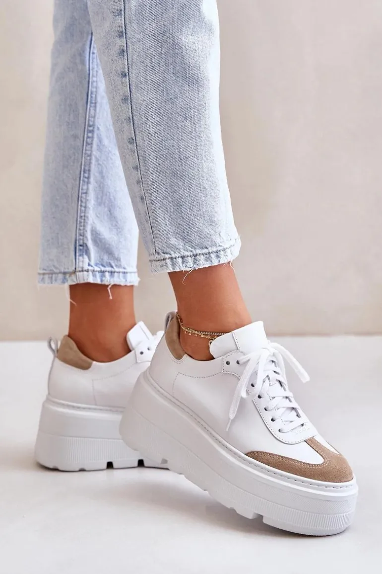 Skórzane Sneakersy Na Masywnej Platformie Lewski 3635/X Biało-Beżowe
