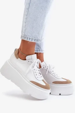 Skórzane Sneakersy Na Masywnej Platformie Lewski 3635/X Biało-Beżowe
