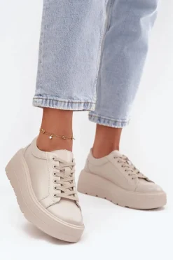 Skórzane Sneakersy Na Masywnej Platformie Beżowe Sylvessa