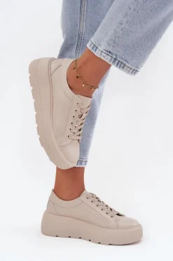 Skórzane Sneakersy Na Masywnej Platformie Beżowe Sylvessa
