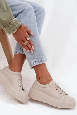 Skórzane Sneakersy Na Masywnej Platformie Beżowe Sylvessa