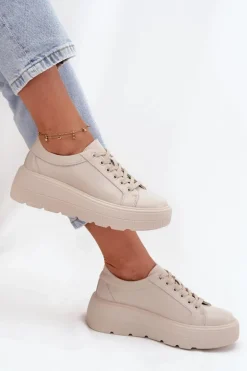 Skórzane Sneakersy Na Masywnej Platformie Beżowe Sylvessa