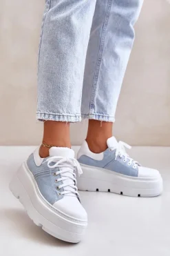 Skórzane Sneakersy Na Masywnej Platformie Jeansowe Lewski 3586 Białe