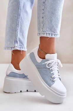 Skórzane Sneakersy Na Masywnej Platformie Jeansowe Lewski 3586 Białe