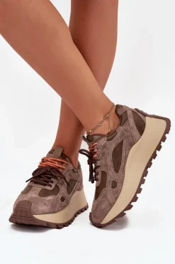 Skórzane Sneakersy Na Platformie Damskie Big Star SS274627 HI-POLY SYSTEM Beżowe