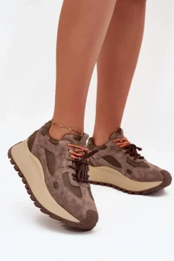 Skórzane Sneakersy Na Platformie Damskie Big Star SS274627 HI-POLY SYSTEM Beżowe