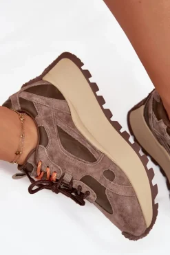 Skórzane Sneakersy Na Platformie Damskie Big Star SS274627 HI-POLY SYSTEM Beżowe