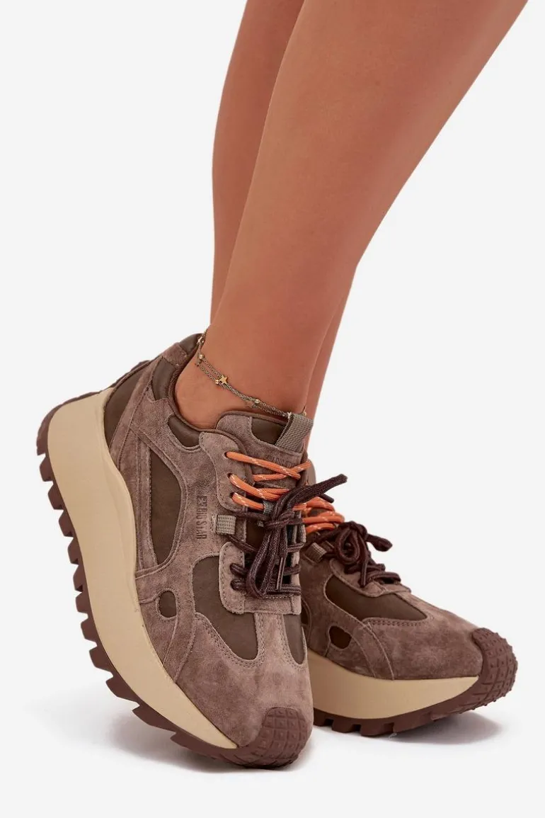 Skórzane Sneakersy Na Platformie Damskie Big Star SS274627 HI-POLY SYSTEM Beżowe