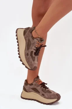 Skórzane Sneakersy Na Platformie Damskie Big Star SS274627 HI-POLY SYSTEM Beżowe