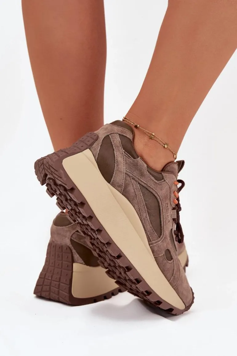 Skórzane Sneakersy Na Platformie Damskie Big Star SS274627 HI-POLY SYSTEM Beżowe