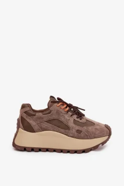 Skórzane Sneakersy Na Platformie Damskie Big Star SS274627 HI-POLY SYSTEM Beżowe