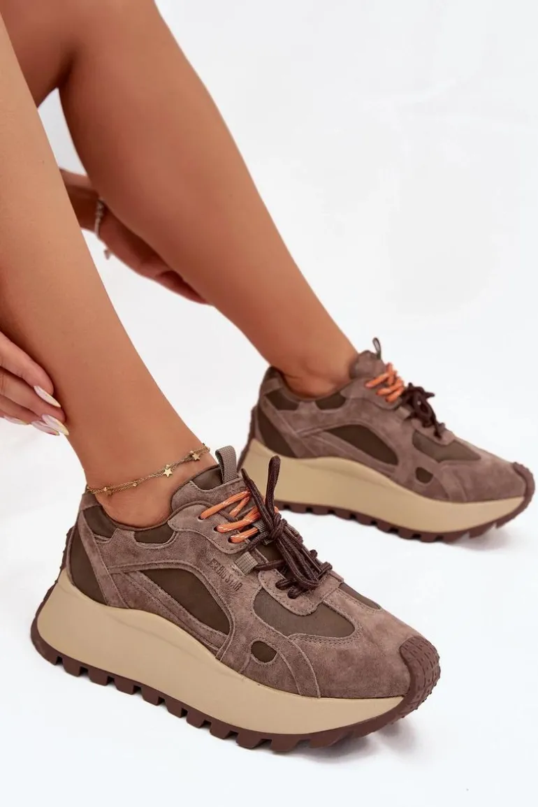 Skórzane Sneakersy Na Platformie Damskie Big Star SS274627 HI-POLY SYSTEM Beżowe