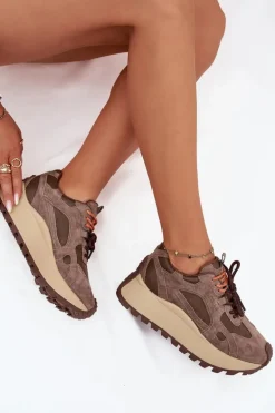 Skórzane Sneakersy Na Platformie Damskie Big Star SS274627 HI-POLY SYSTEM Beżowe