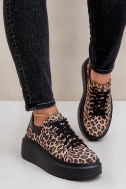 Skórzane Sneakersy Na Platformie W Panterkę Zazoo 3346 Brązowo-Czarne