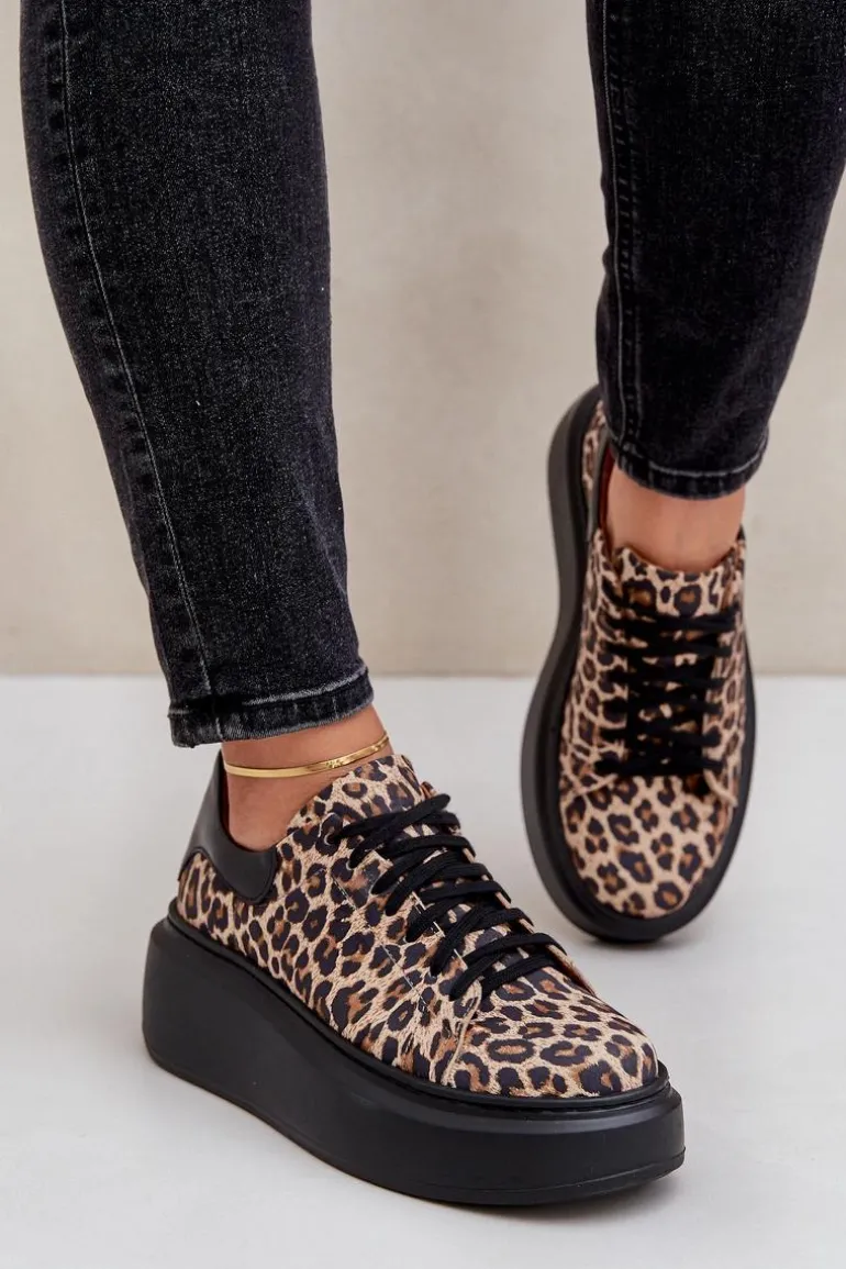 Skórzane Sneakersy Na Platformie W Panterkę Zazoo 3346 Brązowo-Czarne