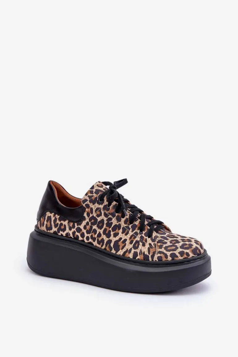 Skórzane Sneakersy Na Platformie W Panterkę Zazoo 3346 Brązowo-Czarne