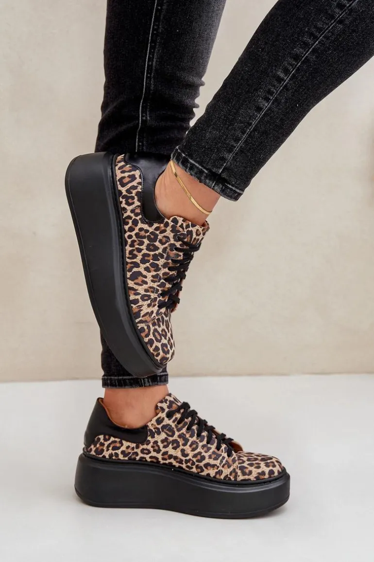 Skórzane Sneakersy Na Platformie W Panterkę Zazoo 3346 Brązowo-Czarne