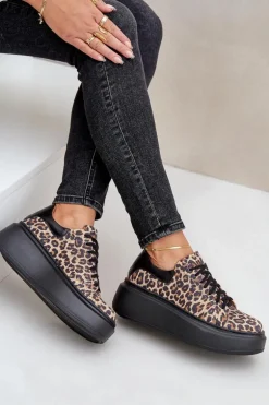 Skórzane Sneakersy Na Platformie W Panterkę Zazoo 3346 Brązowo-Czarne