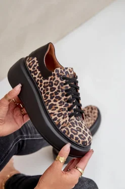 Skórzane Sneakersy Na Platformie W Panterkę Zazoo 3346 Brązowo-Czarne