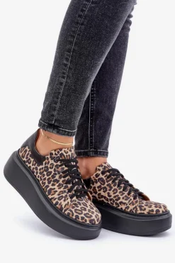 Skórzane Sneakersy Na Platformie W Panterkę Zazoo 3346 Brązowo-Czarne