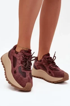 Skórzane Sneakersy Na Platformie Damskie Big Star SS274625 HI-POLY SYSTEM Bordowe
