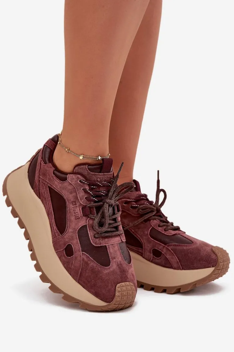 Skórzane Sneakersy Na Platformie Damskie Big Star SS274625 HI-POLY SYSTEM Bordowe