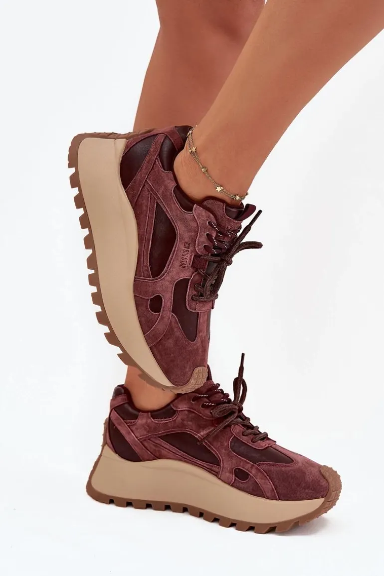 Skórzane Sneakersy Na Platformie Damskie Big Star SS274625 HI-POLY SYSTEM Bordowe