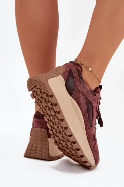 Skórzane Sneakersy Na Platformie Damskie Big Star SS274625 HI-POLY SYSTEM Bordowe