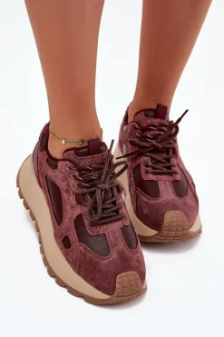 Skórzane Sneakersy Na Platformie Damskie Big Star SS274625 HI-POLY SYSTEM Bordowe
