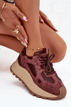 Skórzane Sneakersy Na Platformie Damskie Big Star SS274625 HI-POLY SYSTEM Bordowe