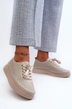 Skórzane Sneakersy Na Platformie S.Barski LR278 Beżowe