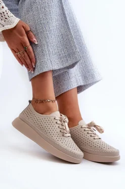 Skórzane Sneakersy Na Platformie S.Barski LR278 Beżowe