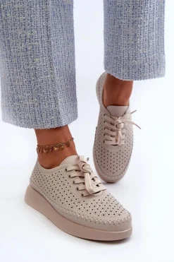 Skórzane Sneakersy Na Platformie S.Barski LR278 Beżowe