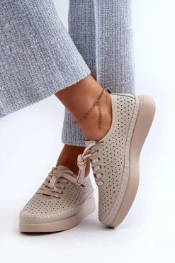 Skórzane Sneakersy Na Platformie S.Barski LR278 Beżowe